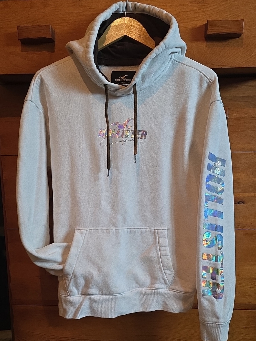 Hollister California White Fleece Hoodie Holographic Logo Size Large